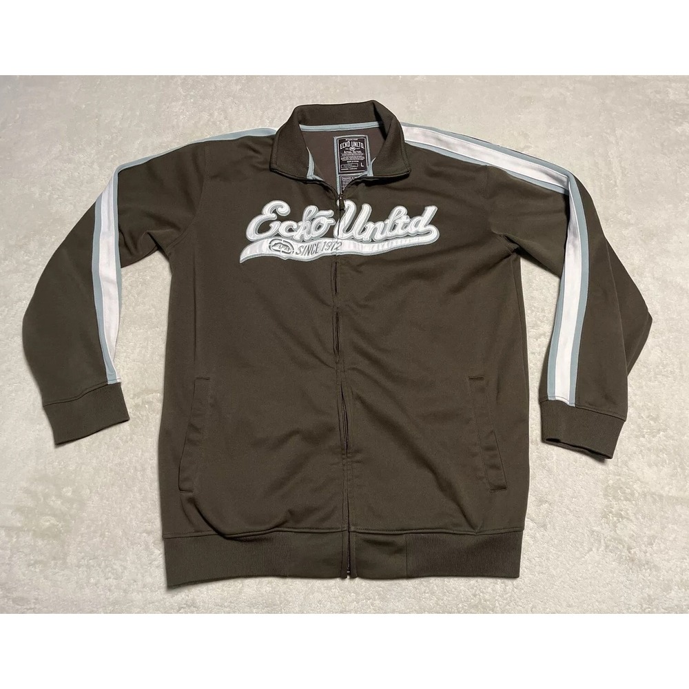Ecko Unltd Jacket Mens Size Large Brown Full Zip Sleeve Stripe Logo Coat